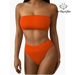 Pink Queen Ribbed High Waist Bandeau Bikini Swimsuit Size L